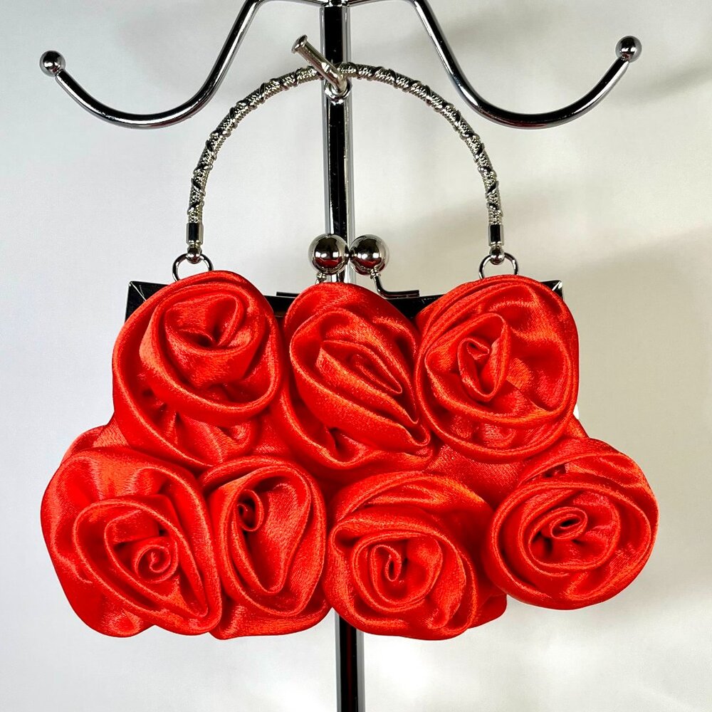 Romantic Red Rose Satin  crossbody Handbag – 3D Floral Clutch for Events